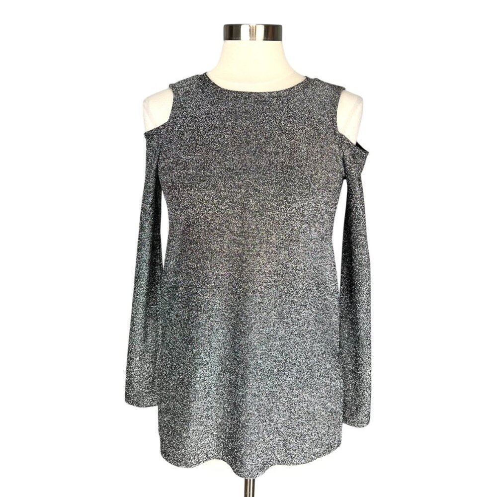 Michael Kors Womens Black Silver Metallic Cold Shoulder Top Long Sleeves size S